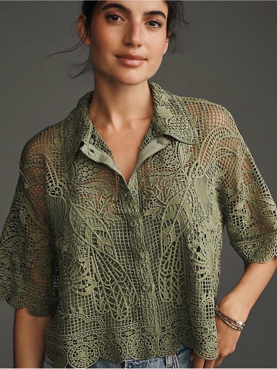 FARM Rio Tops - FARM Rio Olive Green Crochet Button-Front Blouse